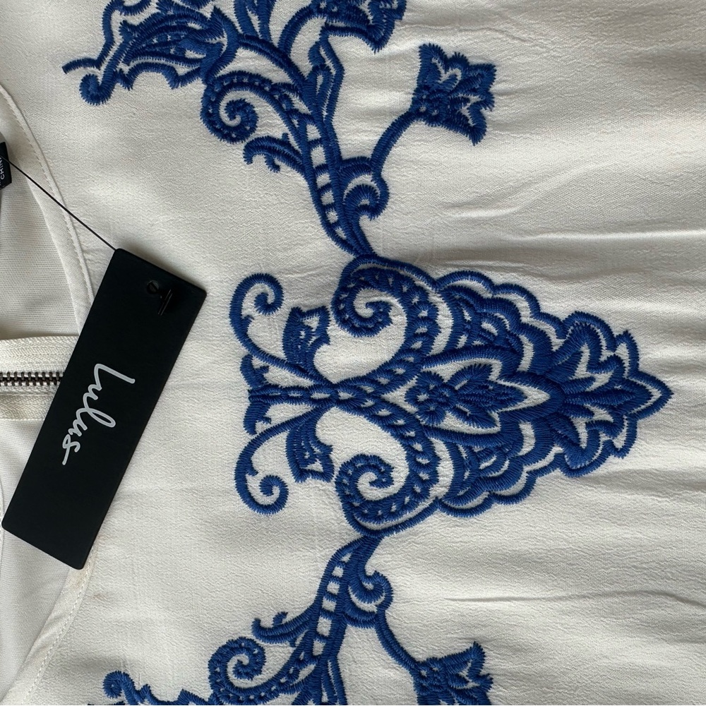 Lulu's White and Blue Embroidered Mini Dress